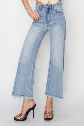 Risen High Rise Crop Wide Fray Hem Jeans