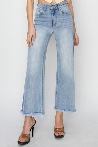 Risen High Rise Crop Wide Fray Hem Jeans