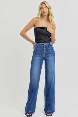 Risen High Rise Wide Leg Jeans with Slanted Pockets