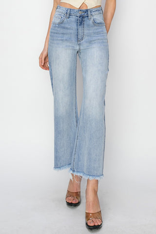 Risen High Rise Crop Wide Fray Hem Jeans