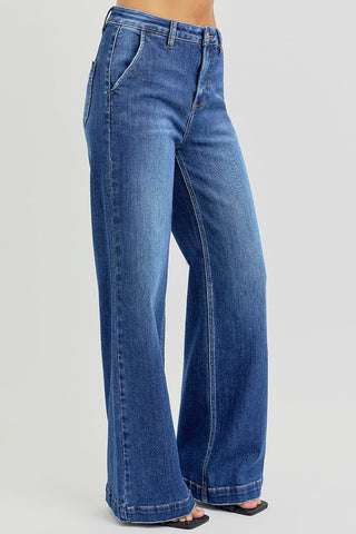 Risen High Rise Wide Leg Jeans with Slanted Pockets