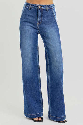 Risen High Rise Wide Leg Jeans with Slanted Pockets