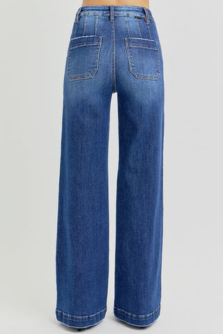 Risen High Rise Wide Leg Jeans with Slanted Pockets